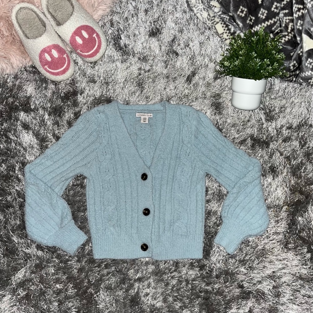 Womens Size XS blue fuzzy button-front sweater
